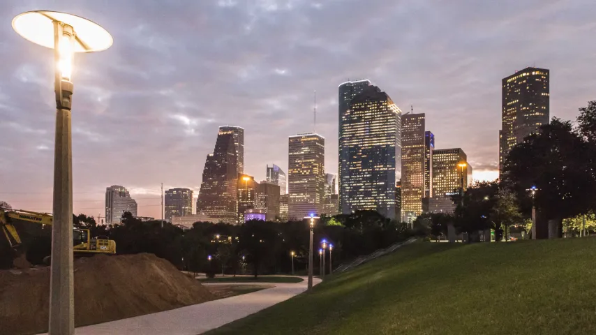 city of Houston park walkway evening skyline.
