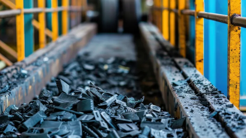 tire shreds on a conveyor belt.