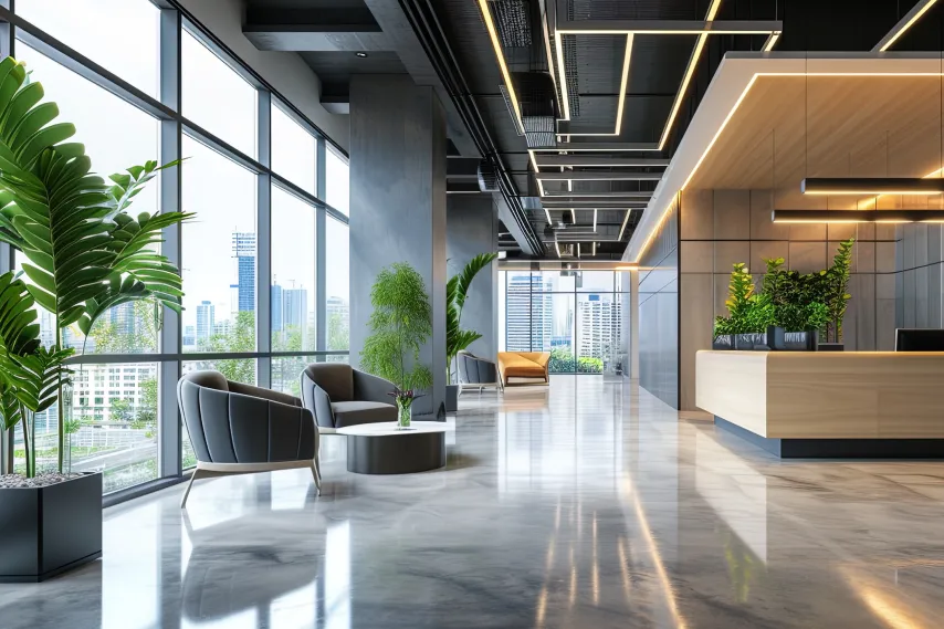 interior modern office with reception desk.