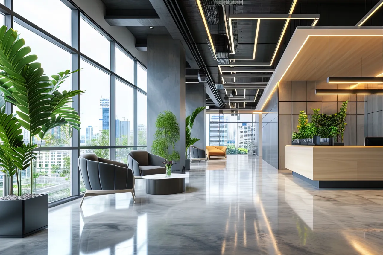 interior modern office with reception desk.