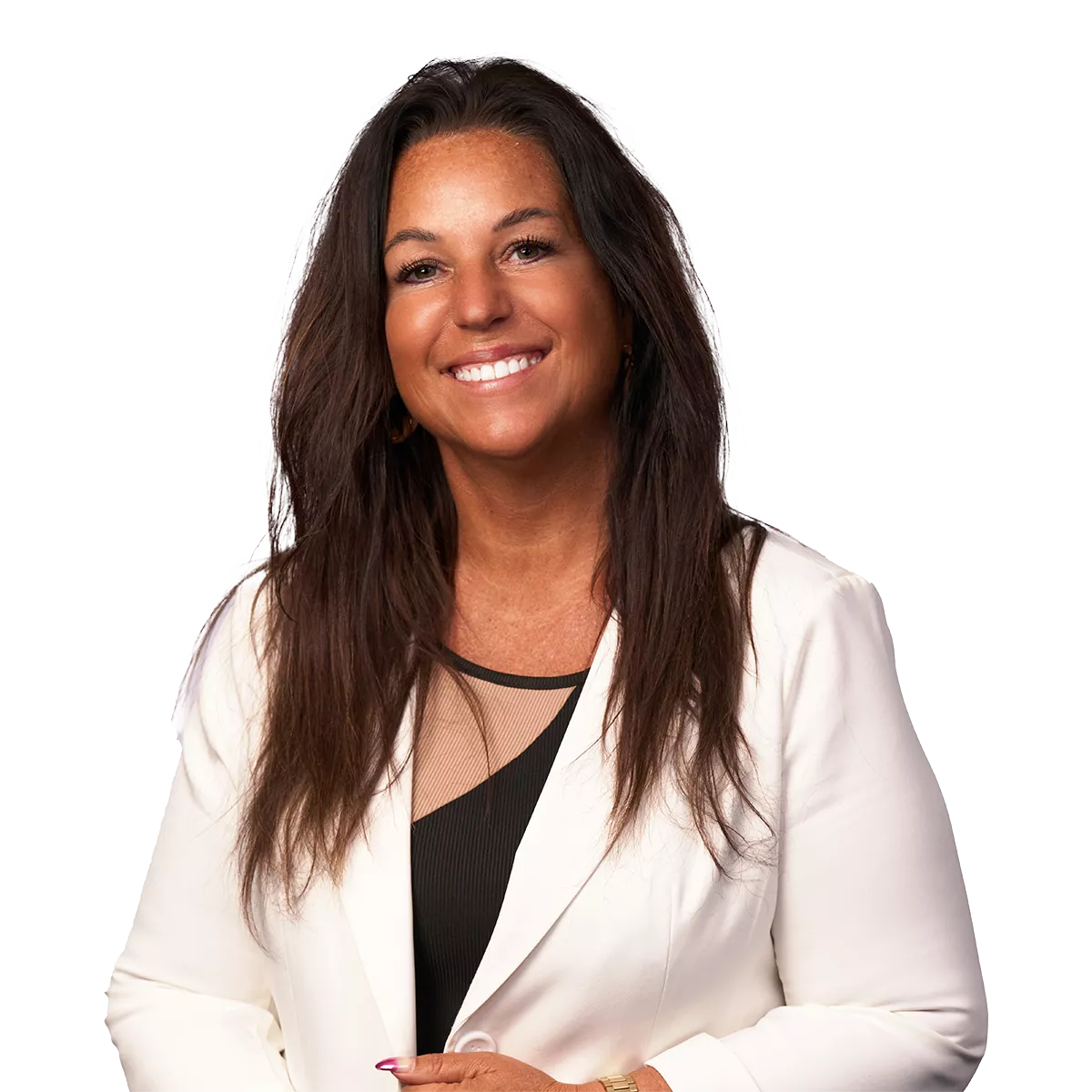 smiling woman with long brown hair in a white blazer and black top, posing against a plain background.