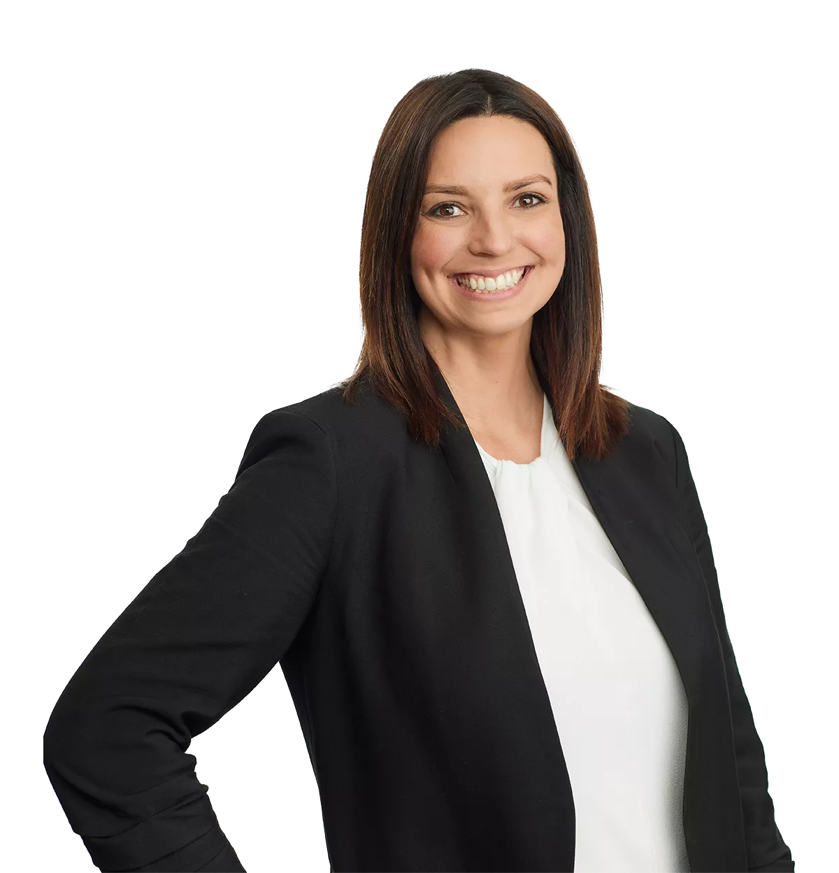 woman with straight brown hair smiling, wearing a black blazer over a white top, on a white background.