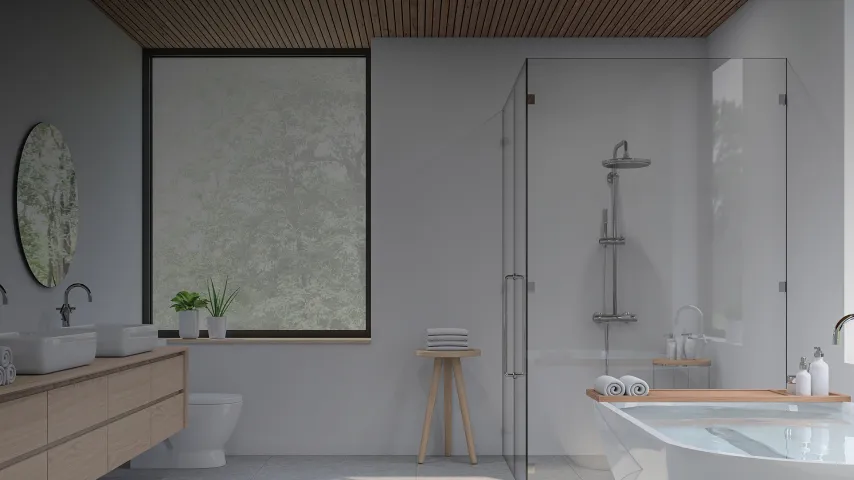 modern-bathroom-with-wood-ceiling-glass-shower-full-tub