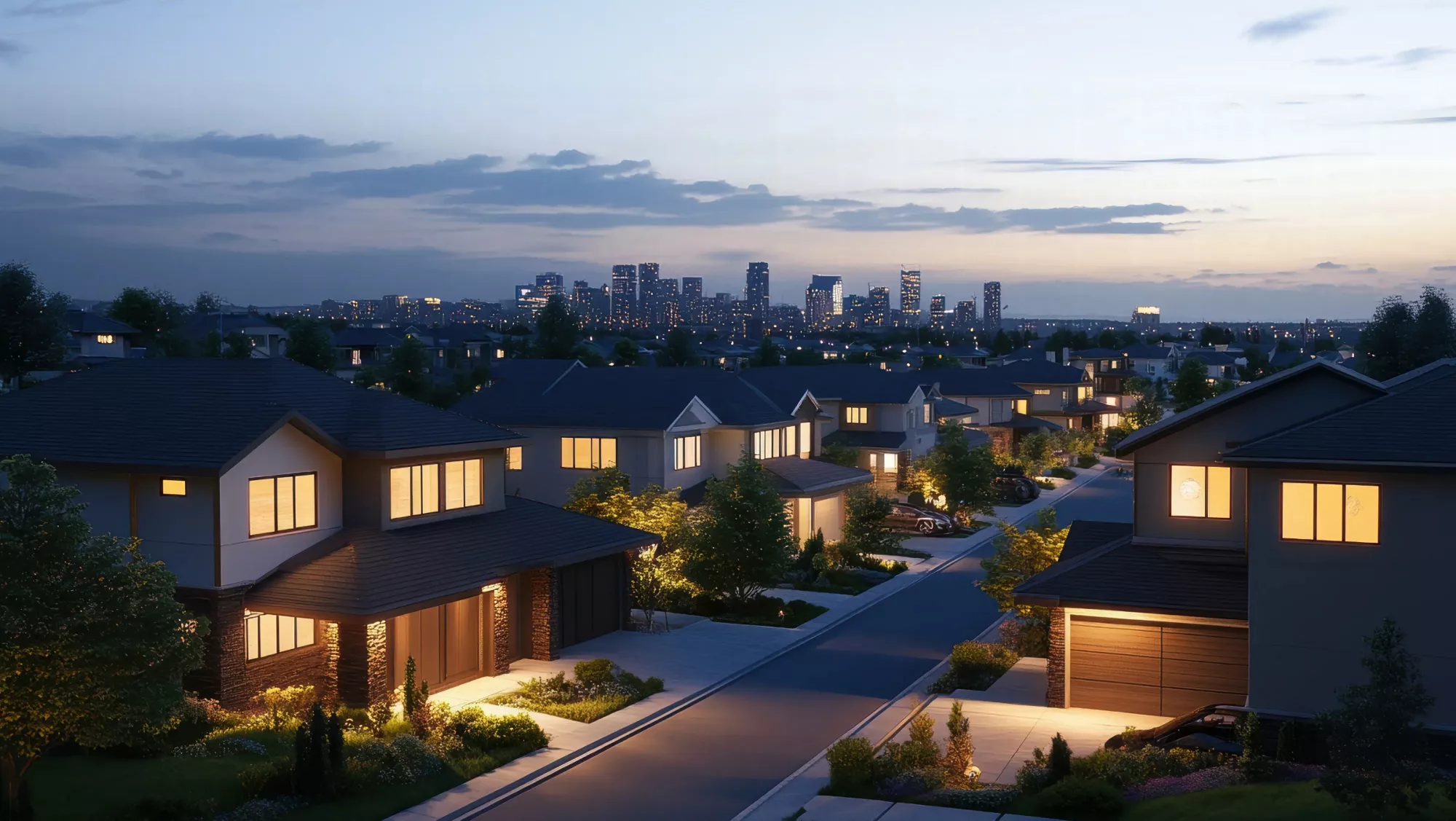 Modern homes along a quiet residential street at dusk, with a city skyline