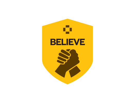 yellow shield with two hands clasped and the word BELIEVE above them, plus a small square pattern on top.
