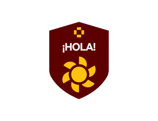 a maroon shield with a yellow sun, a cross above, and ¡HOLA! in white text on a white background.