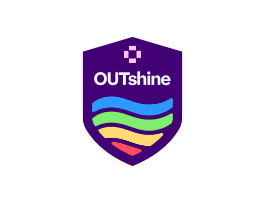 shield logo with OUTshine, colored wave stripes, and a small checkerboard square above the text.