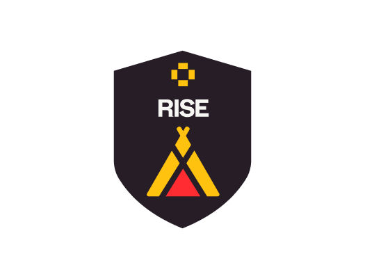 black shield logo with the word RISE above a yellow and red triangular tent and yellow square pattern above.