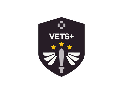 black shield logo with VETS+ text, three yellow stars, a sword, and stylized wings below.