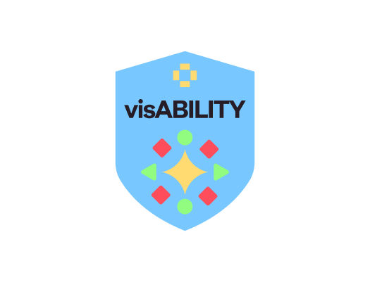 blue shield with visABILITY text, shapes in yellow, red, and green arranged in a symmetric pattern.