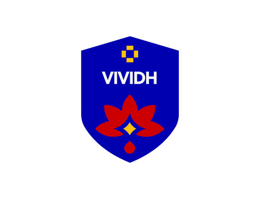 blue shield with VIVIDH, red lotus design, and yellow diamond pattern above the text on a white background.