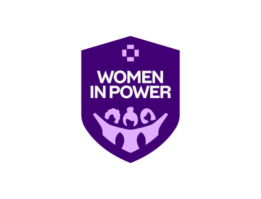 purple shield logo with Women In Power text and three women silhouettes held by stylized hands below.