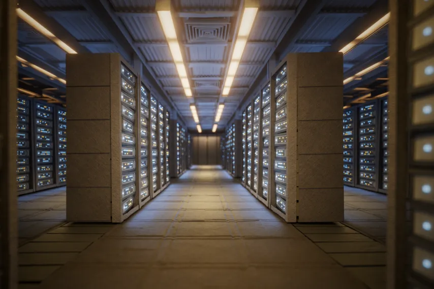data center rows of servers animated rendering.