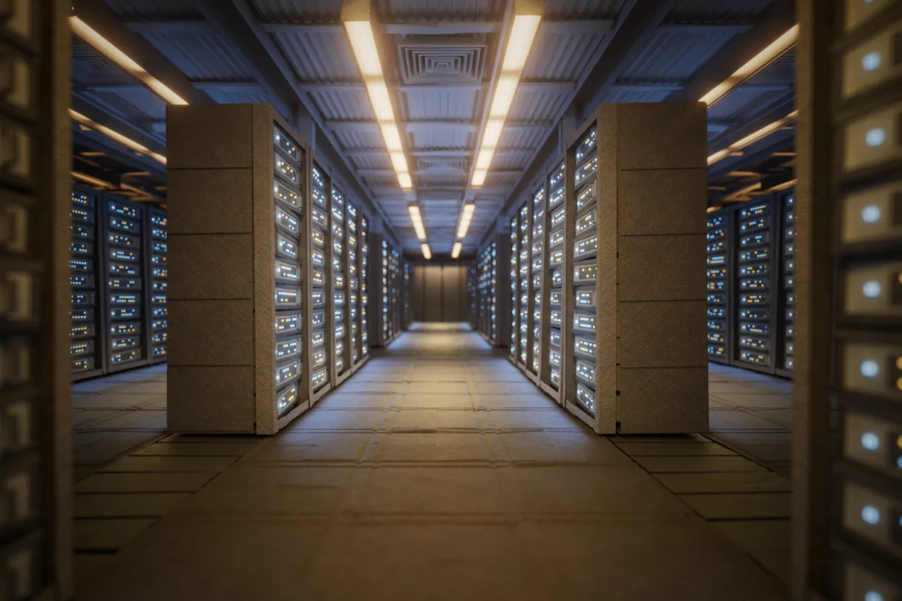 data center rows of servers animated rendering.