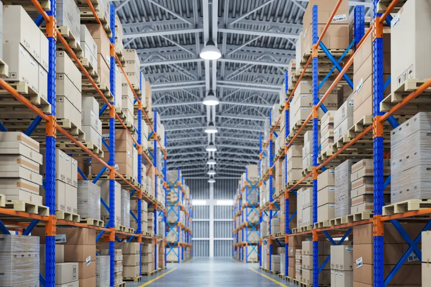 warehouse or storage and shelves with cardboard boxes industrial.