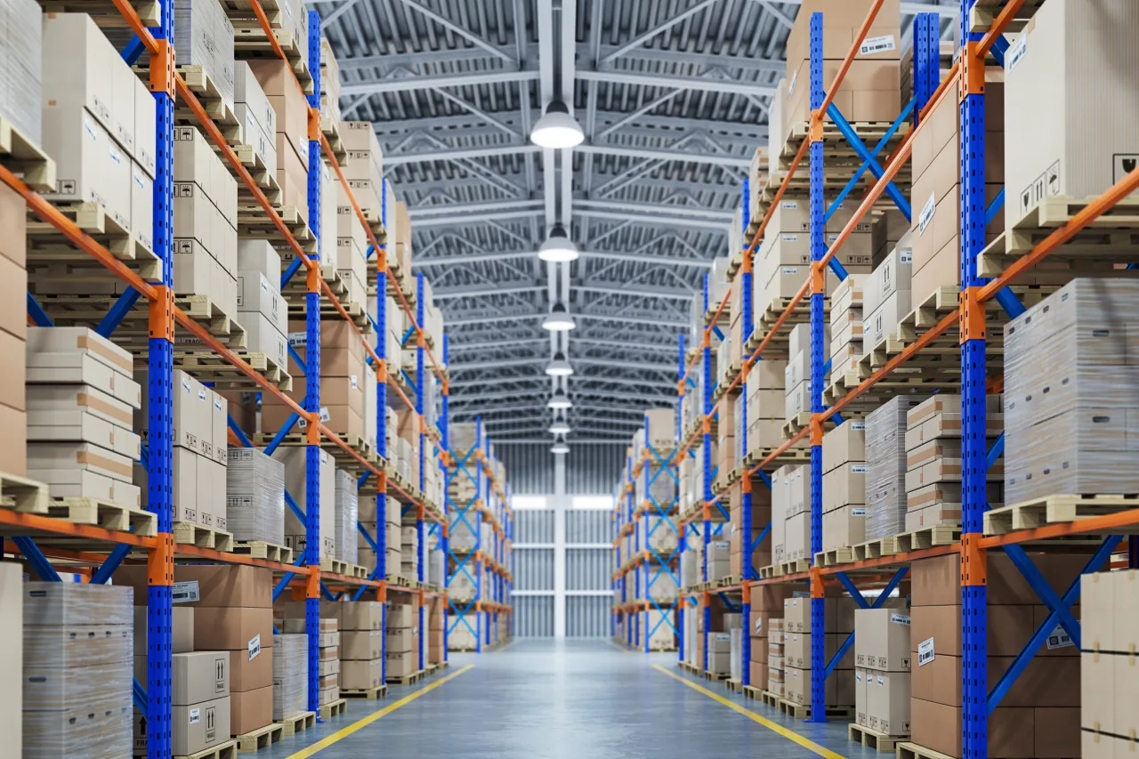warehouse or storage and shelves with cardboard boxes industrial.