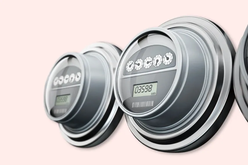 energy meter close up on light backdrop.
