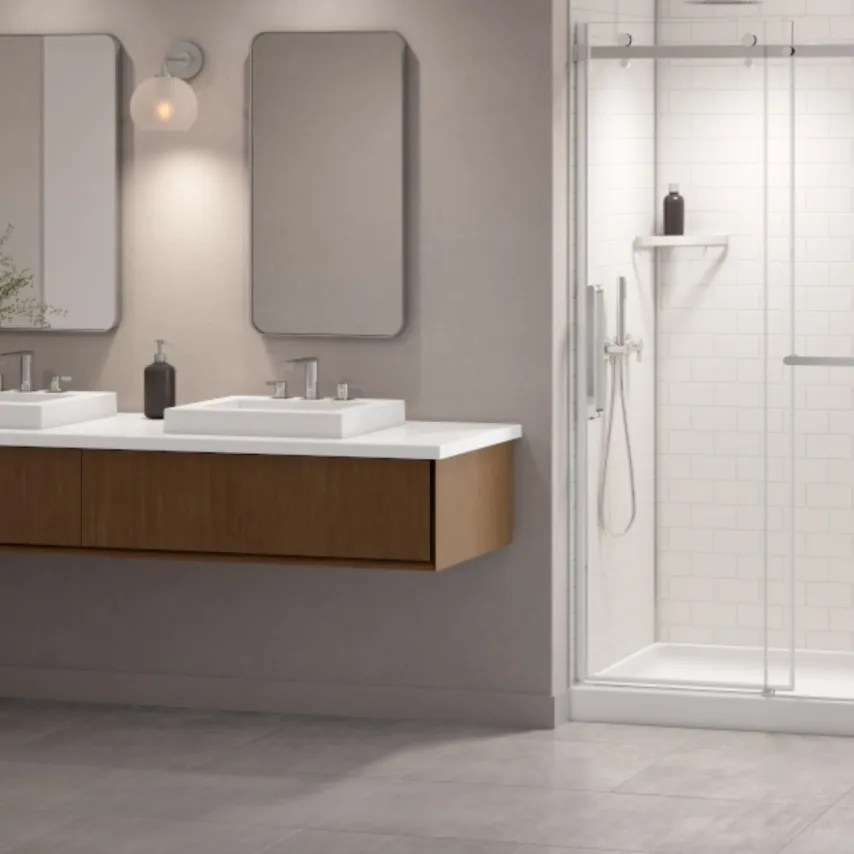 modern bathroom with shower and vanity.