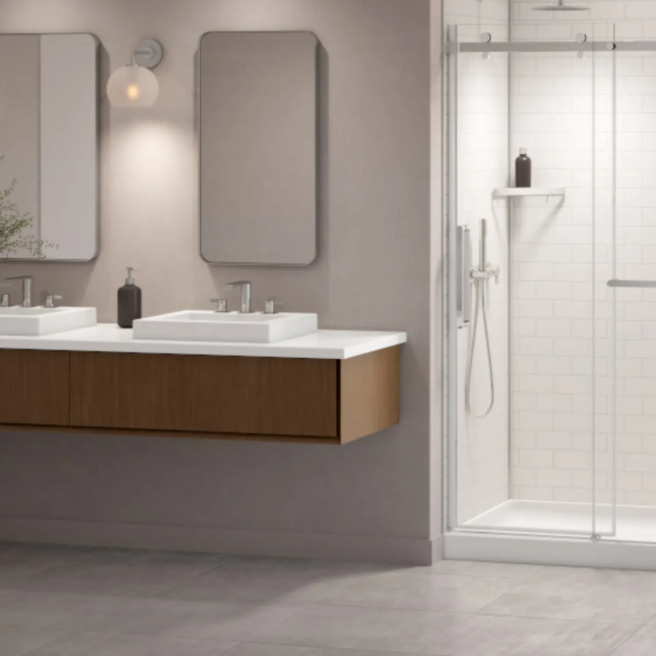modern bathroom with shower and vanity.