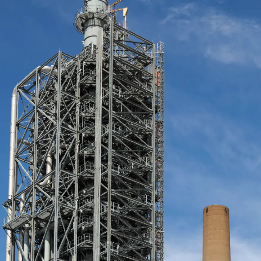 Petra Nova plant tower with scaffolding framework.