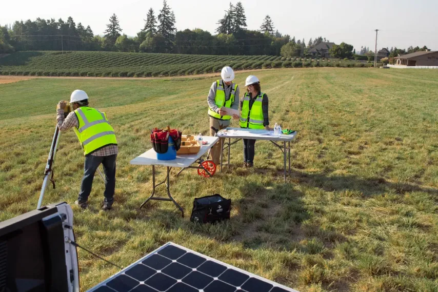 solar farm planning and installation in agricultural field.