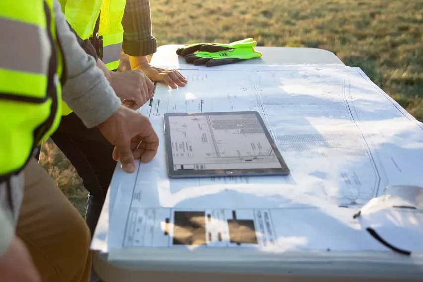 solar farm plans on paper and tablet.