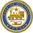 City of Houston, Texas seal with a gold train and plow on a blue background with gold lettering.