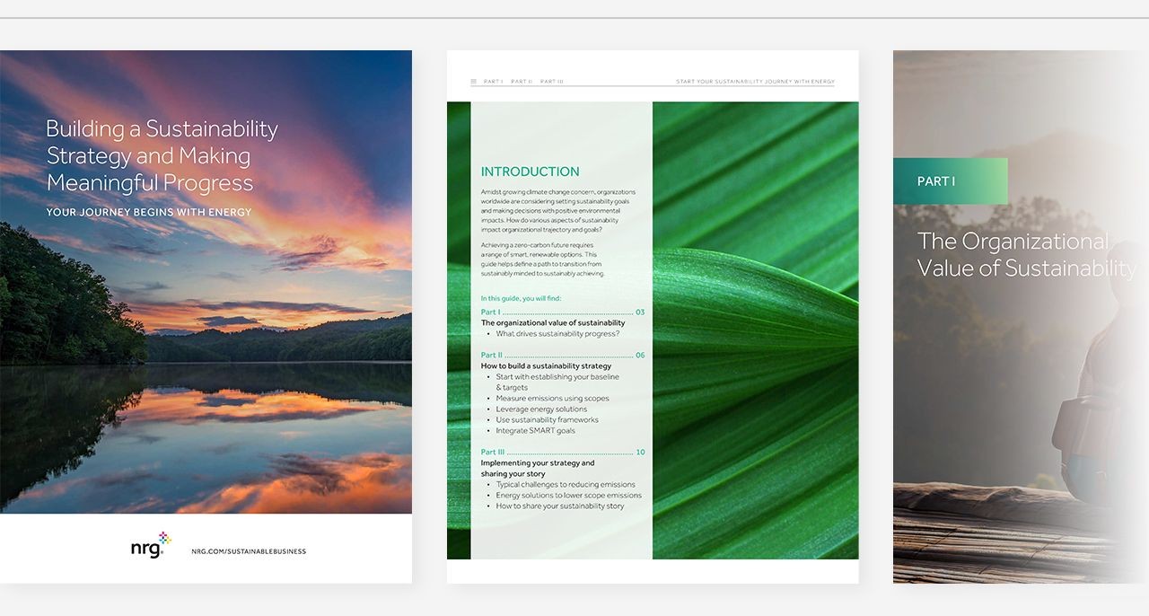 three pages: a lake at sunset, a close-up of a green leaf, and a blurred outdoor scene with a green label reading PART 1.