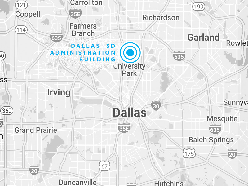 map highlighting the Dallas ISD Administration Building location in University Park, Dallas, Texas.
