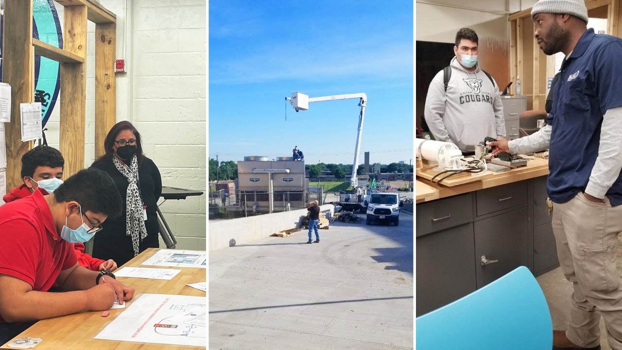 students drawing, a worker in a lift, and teacher instructing students in a workshop, all in separate panels.