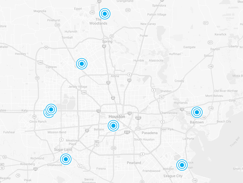 map of Houston area with six blue target icons marking different locations around the city.