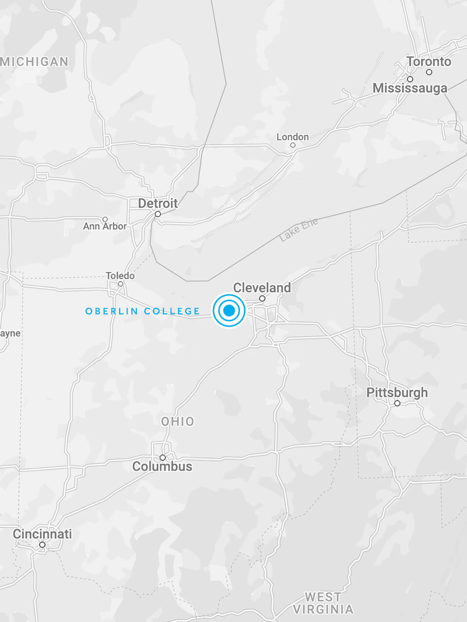 map of northeastern Ohio highlighting Oberlin College, with nearby cities like Cleveland and Detroit shown.