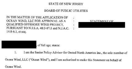 document header and statement regarding approval for an offshore wind project in New Jersey, with redacted text.