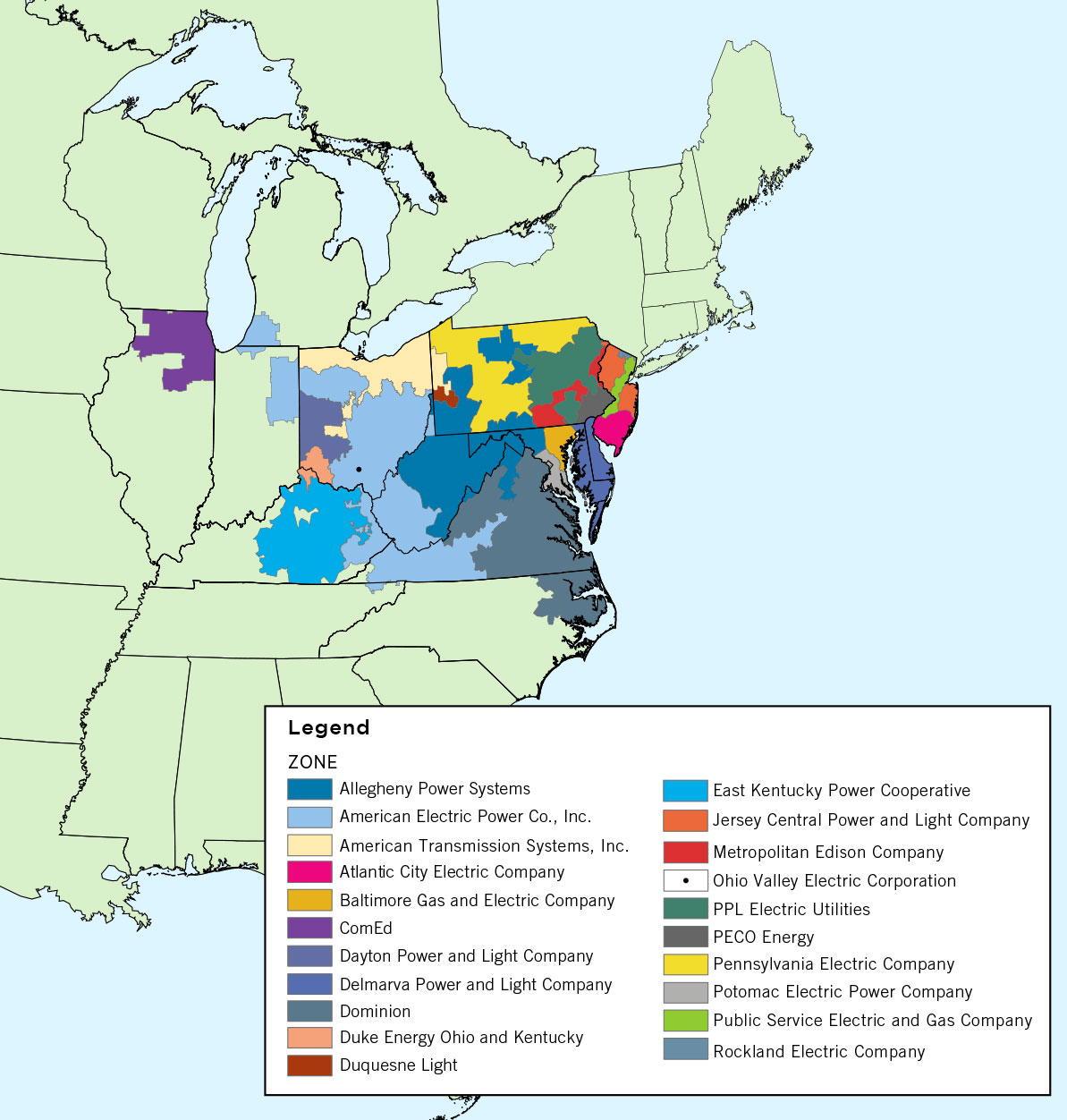 map showing electric utility service areas in the US Northeast and Midwest, color-coded by company.