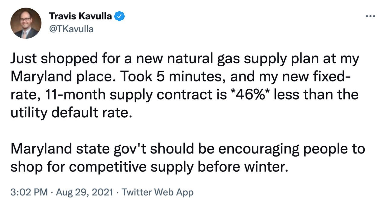 tweet about saving 46% on a new Maryland natural gas supply plan, urging shopping for better energy rates.