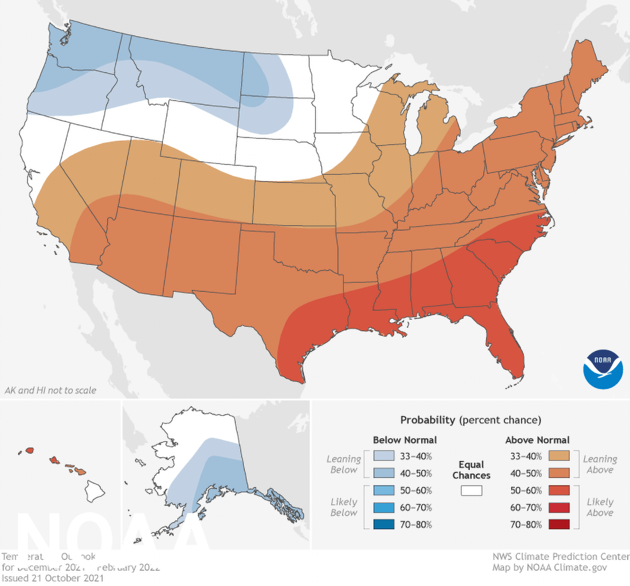 U.S. map showing fall temperature probabilities: above normal in the South, below normal in the Northwest.