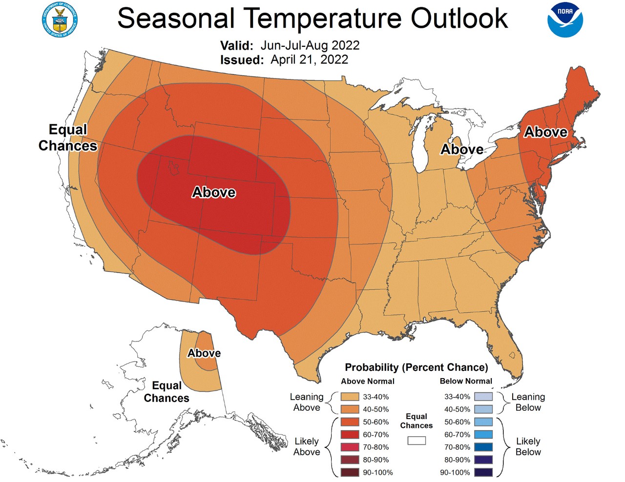 map shows summer 2022 U.S. temperature outlook with most areas above normal, especially in the West and Northwest.