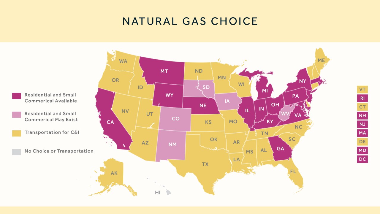 U.S. map showing states with varying levels of natural gas choice in purple, pink, and yellow.