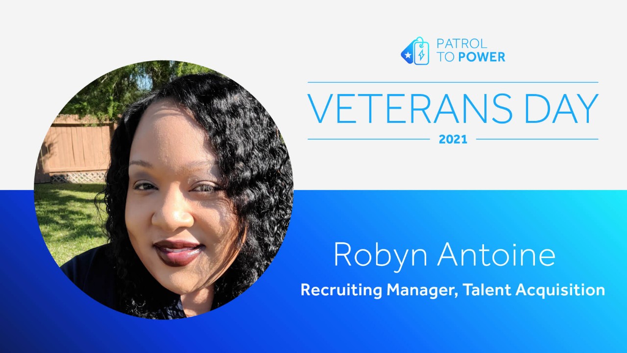 smiling woman with curly hair; text reads Veterans Day 2021, Robyn Antoine, Recruiting Manager, Talent Acquisition.