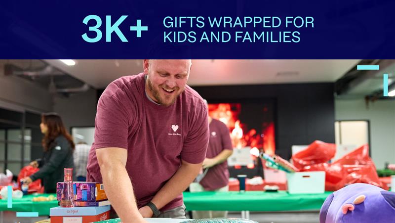 man wrapping gifts at a table with 3K+ gifts wrapped for kids and families text above.