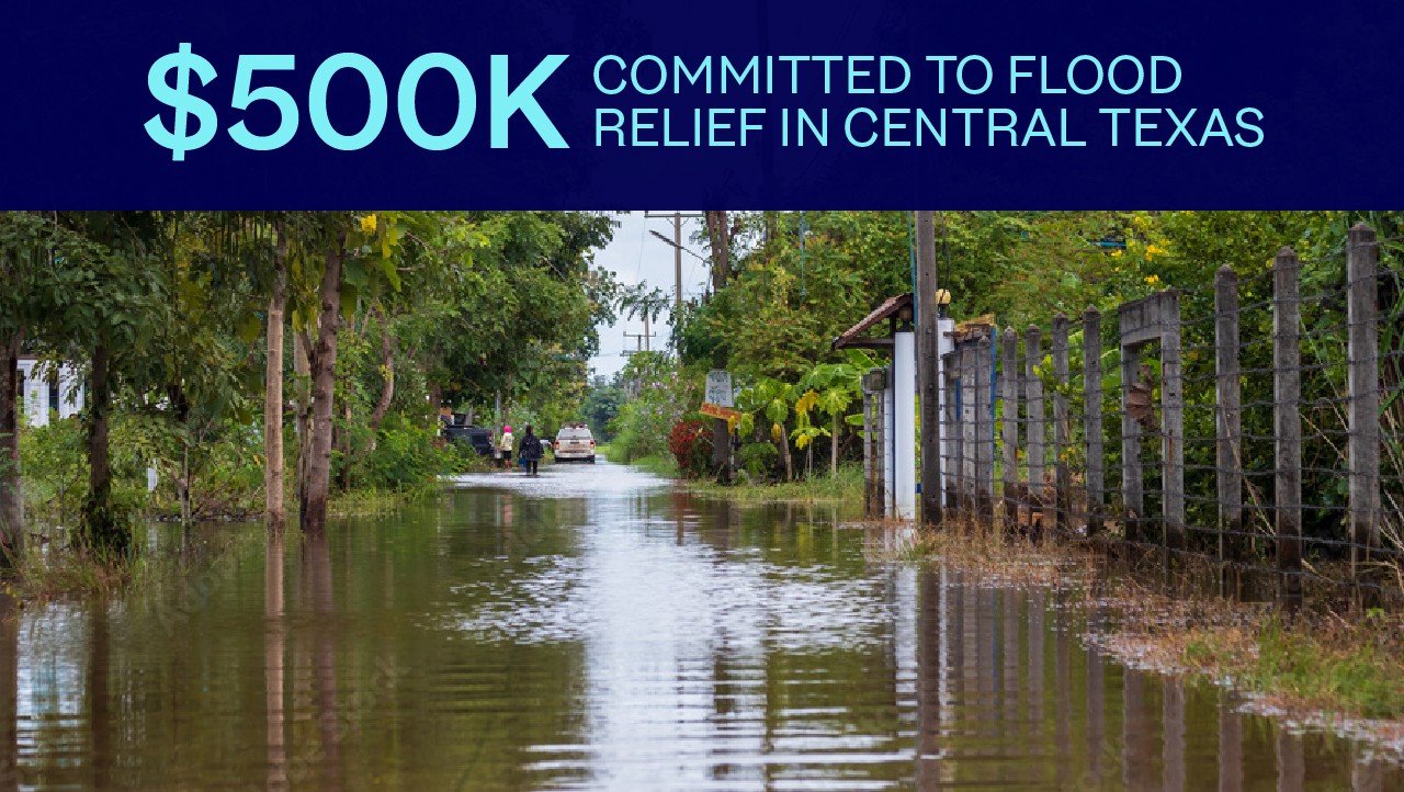 flooded street in Central Texas with $500K committed to flood relief, shown in bold text at the top.