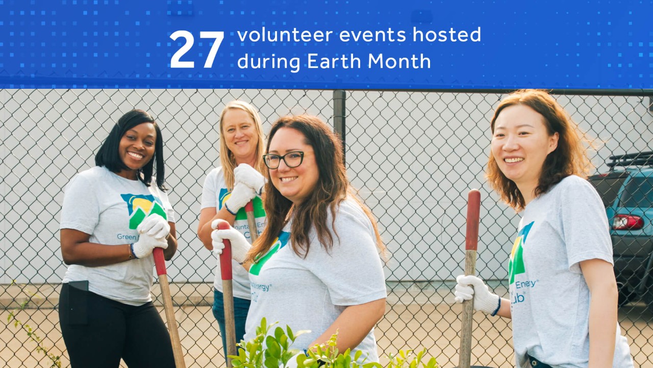 four women with gardening tools smile while volunteering outdoors; text reads 27 volunteer events hosted.