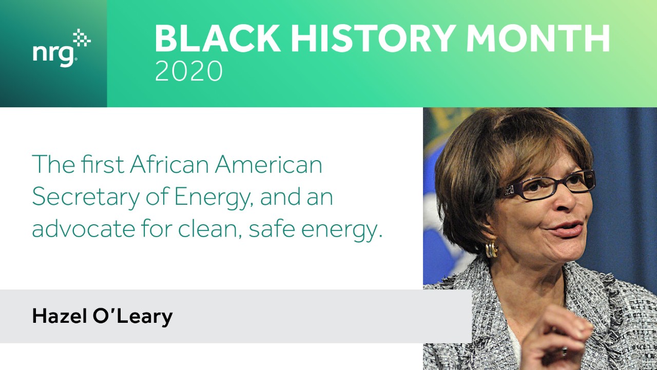 Hazel OLeary speaks, text highlights her as the first Black Secretary of Energy and clean energy advocate.