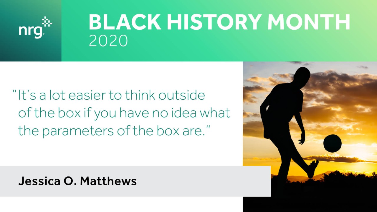 silhouette of a person with a soccer ball, Black History Month 2020, quote by Jessica O. Matthews.