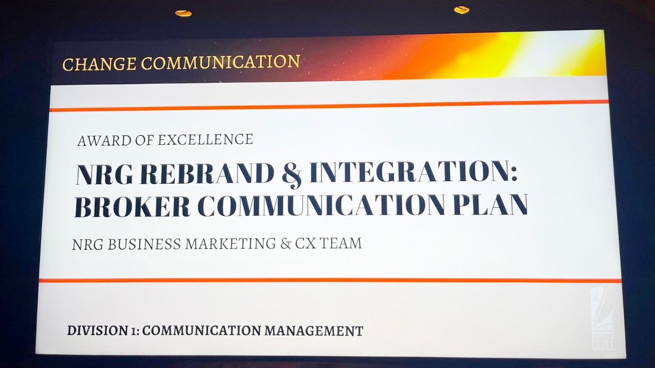 award slide for NRG rebrand and integration broker communication plan by NRG Business Marketing & CX Team.