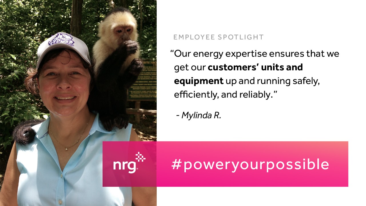 smiling woman in a hat with a monkey on her shoulder, plus a quote about energy expertise and NRG branding.
