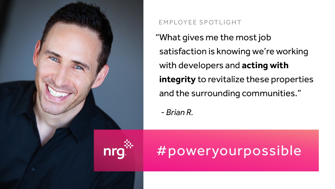 smiling man with short dark hair next to a quote about job satisfaction and integrity at NRG. #poweryourpossible.