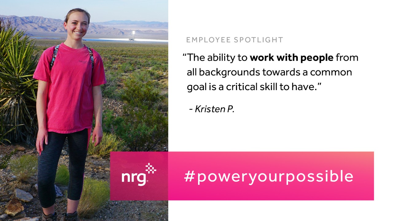 smiling woman in a pink shirt outdoors; quote about teamwork and diversity; NRG logo and #poweryourpossible.