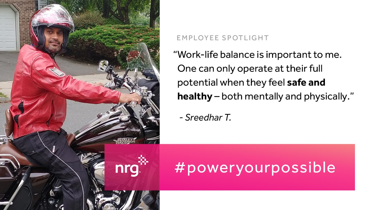 man in a red jacket and helmet sits on a motorcycle next to a quote about work-life balance and well-being.