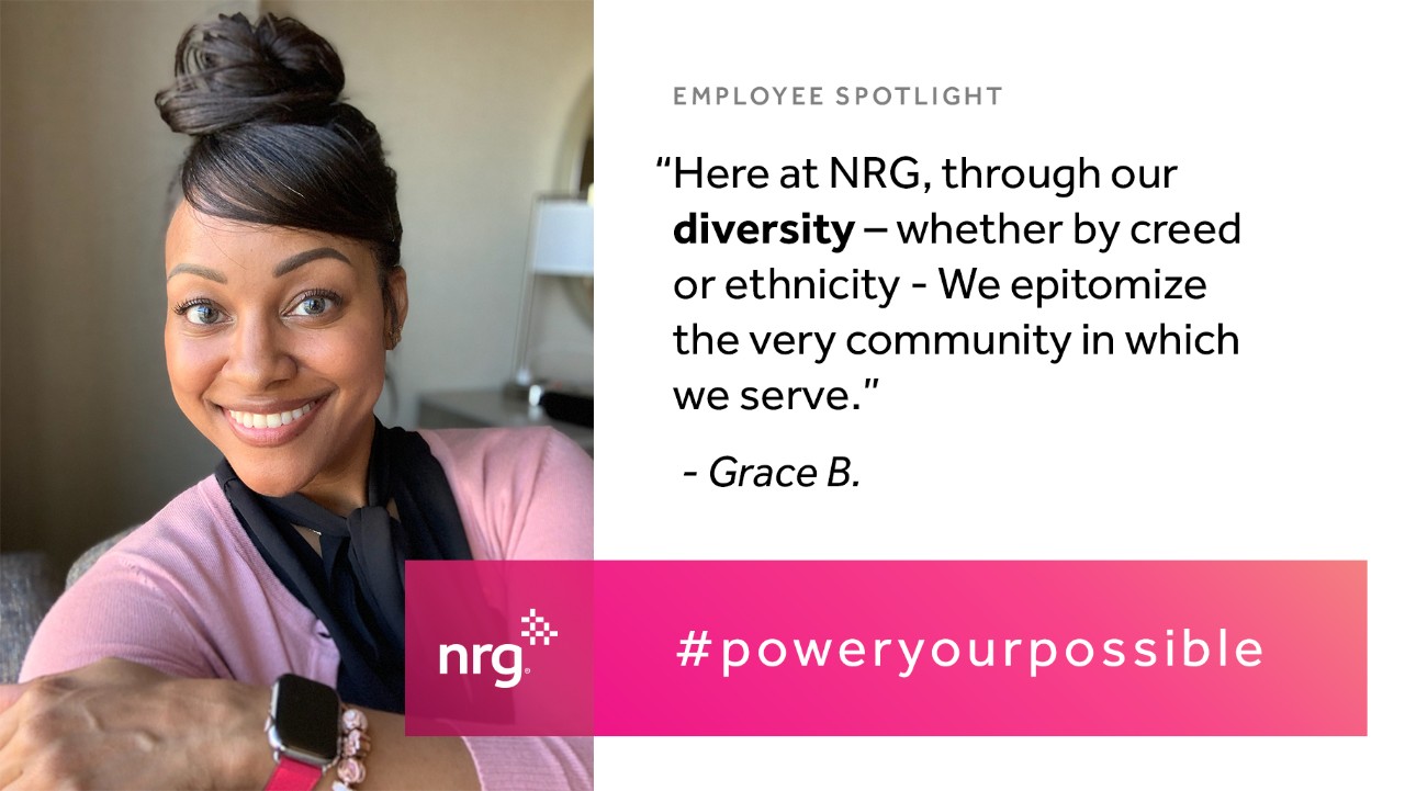 smiling woman with a bun sits by a window, next to a quote about diversity from Grace B. and an NRG logo.
